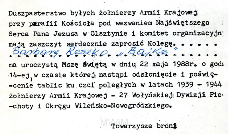 zap 3.jpg - Dok. Zaproszenie. Zaproszenie dla Barbary Reszko „Bajka” na uroczystą mszę świętą i odsłonięcie tablicy w kościele Serca pana Jezusa, Olsztyn, 22 V 1988 r.